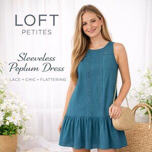 LOFT Petite Blue Sleeveless Peplum Shift Dress Lace Trim Drop Waist Size SP